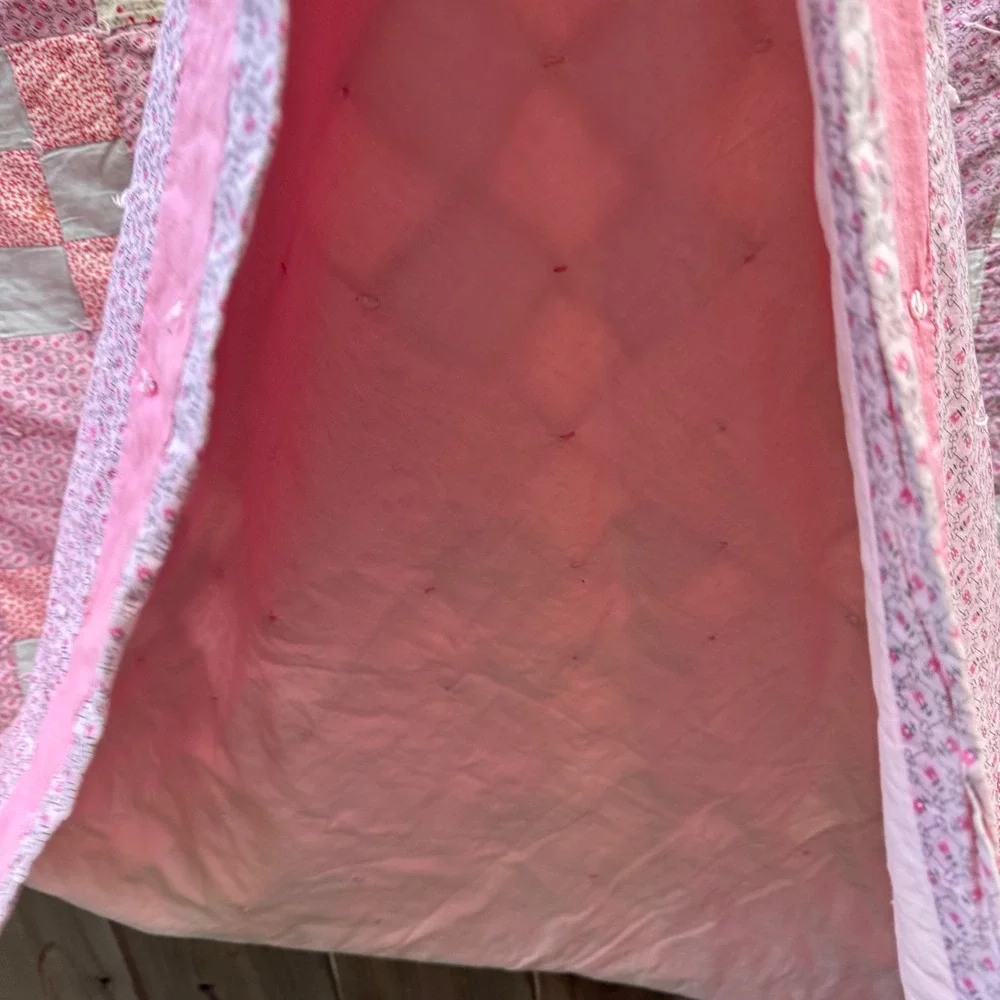Vintage Handmade Patchwork Quilt Pink Floral Nine Patch Cottagecore Cutter 84x88